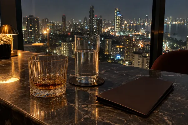 A hotel bar table at night: two glasses, a folded bill holder, the city's lights in the window behind. Nobody in the fra