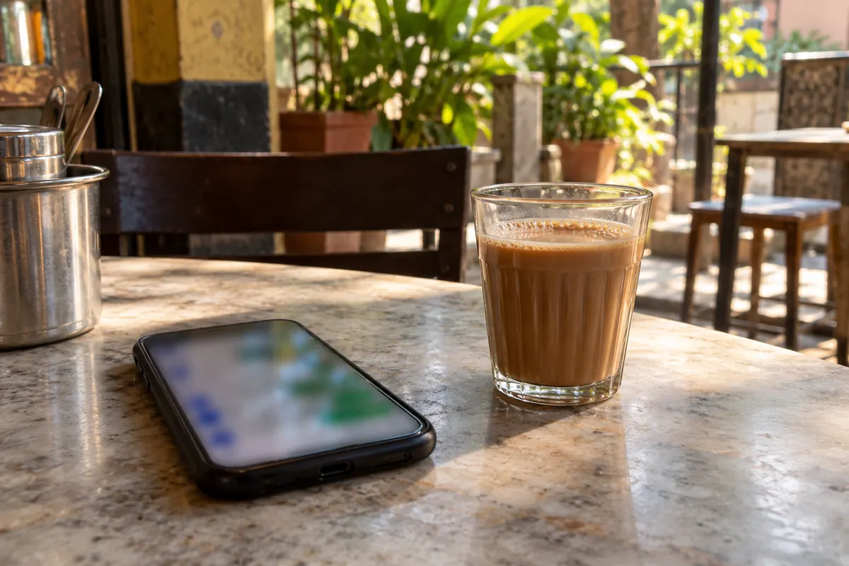 A woman's hands at a cafe table holding a phone, the chat screen a soft blur, a glass of cutting chai beside it. Hands o