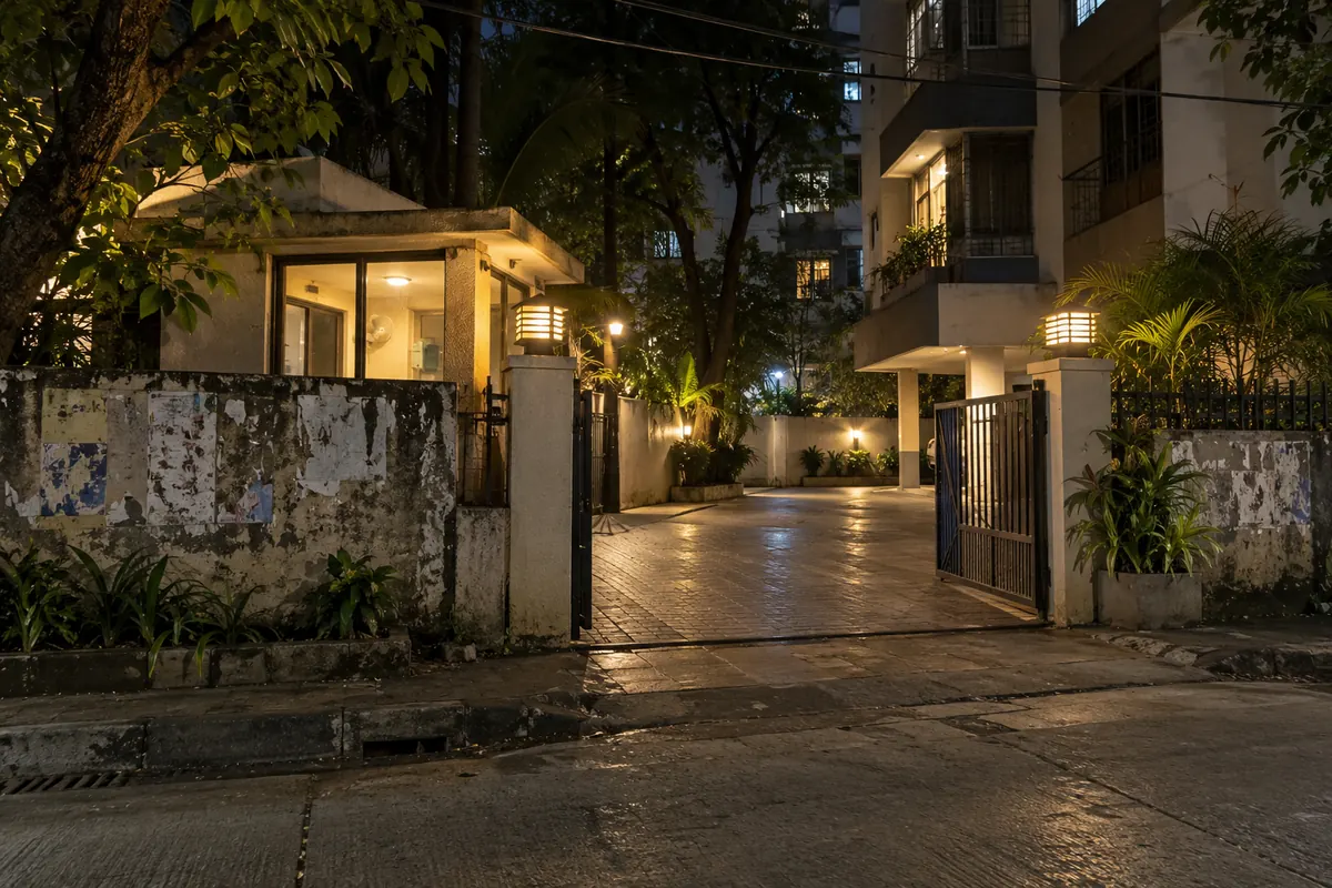 A residential gate in Mumbai at night: the security cabin lit, a cab's rear door open, a boundary wall with torn posters
